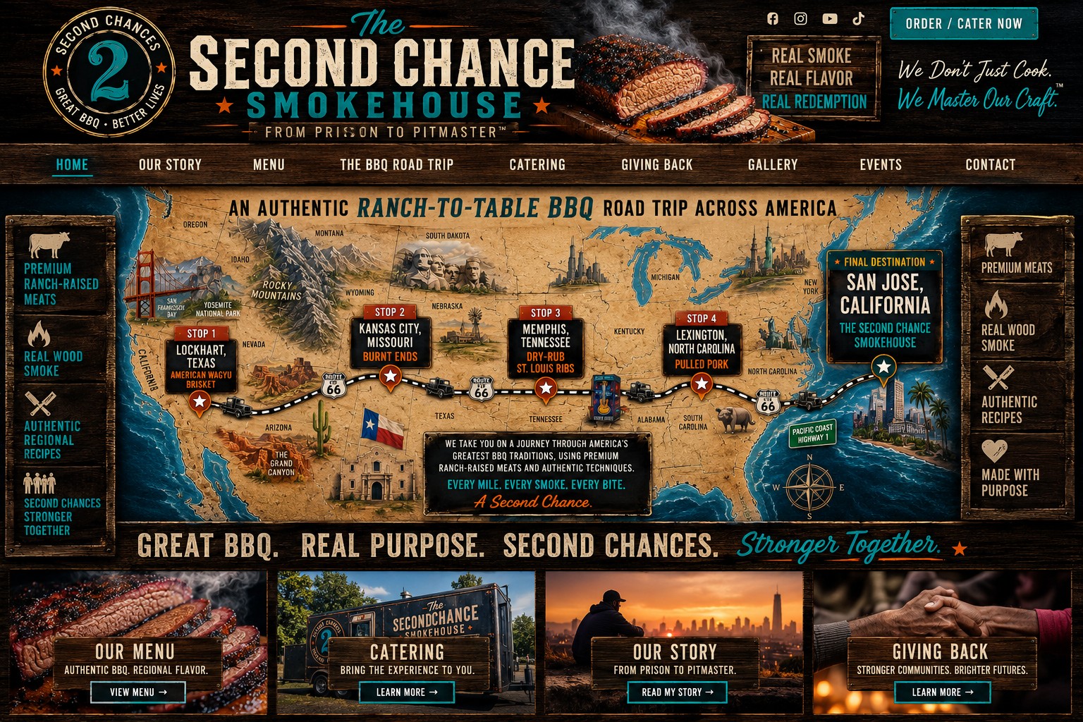 Full Second Chance Smokehouse menu featuring six regional barbecue traditions, signature sides, sandwiches, dessert and beverages